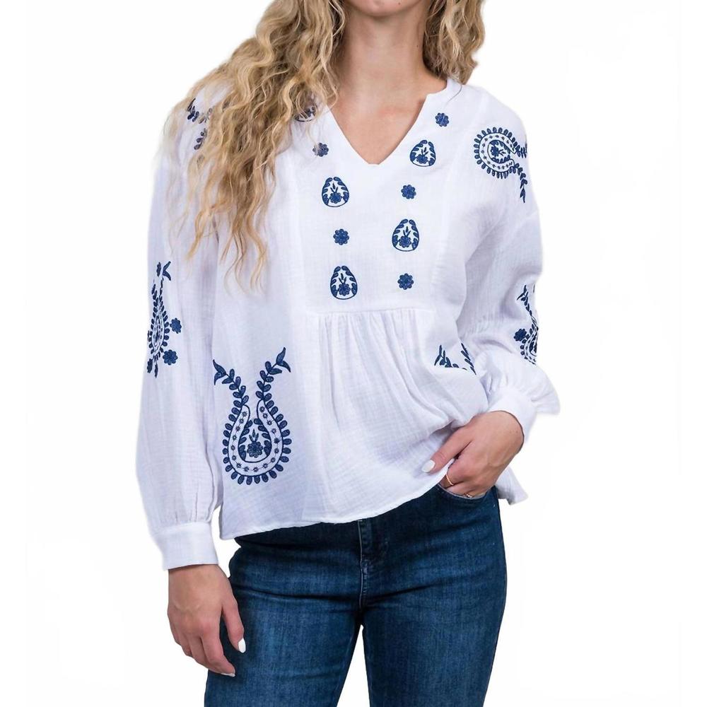 NEW TRISHA TYLER long sleeve embroidered blouse in white/navy
